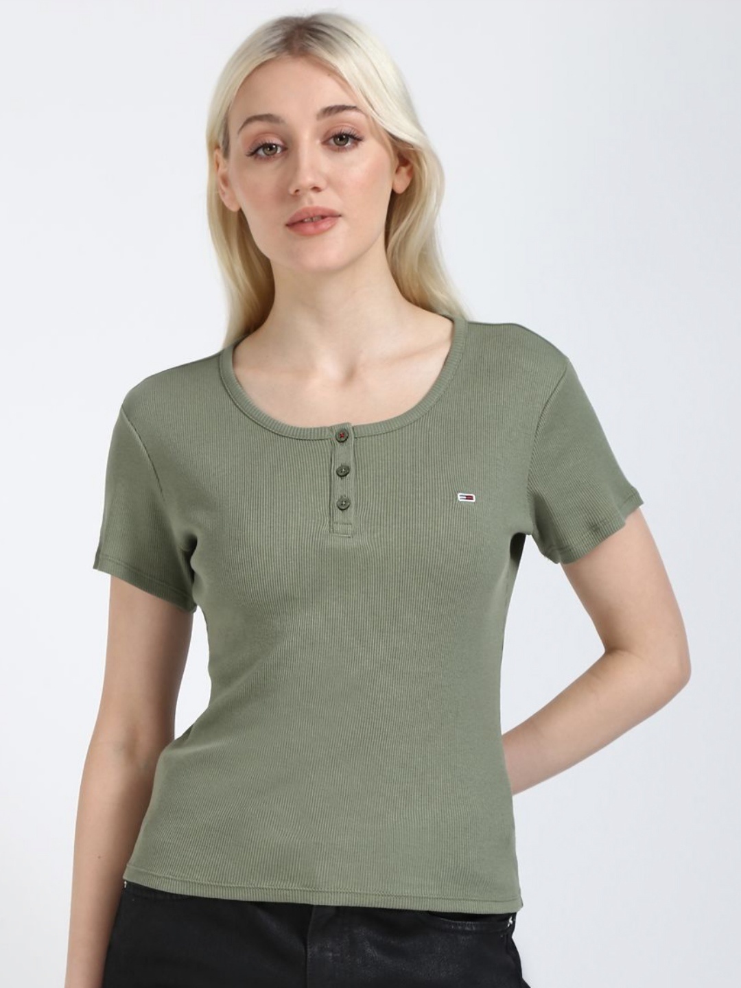 

Tommy Hilfiger Women Solid Round Neck Cotton Slim Fit T-shirt, Green