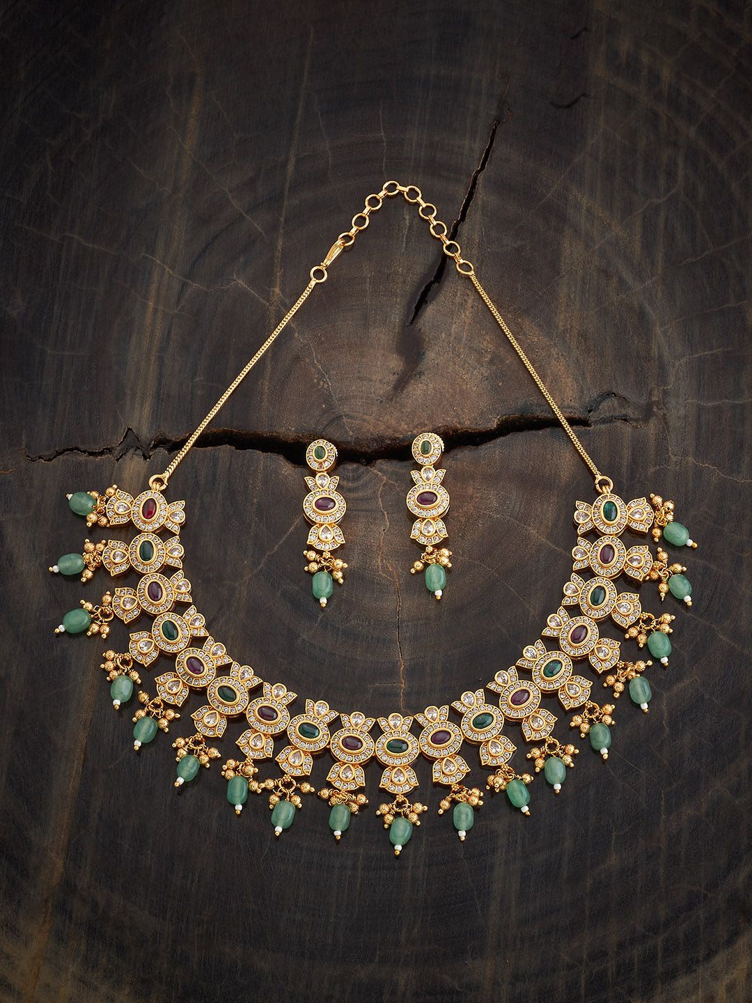 

Kushal's Fashion Jewellery Gold-Plated Stone-Studded & Beaded Necklace and Earrings