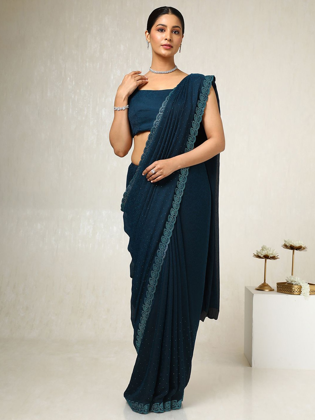 

Soch Polka Dot Embellished Beads and Stones Pure Chiffon Saree, Teal