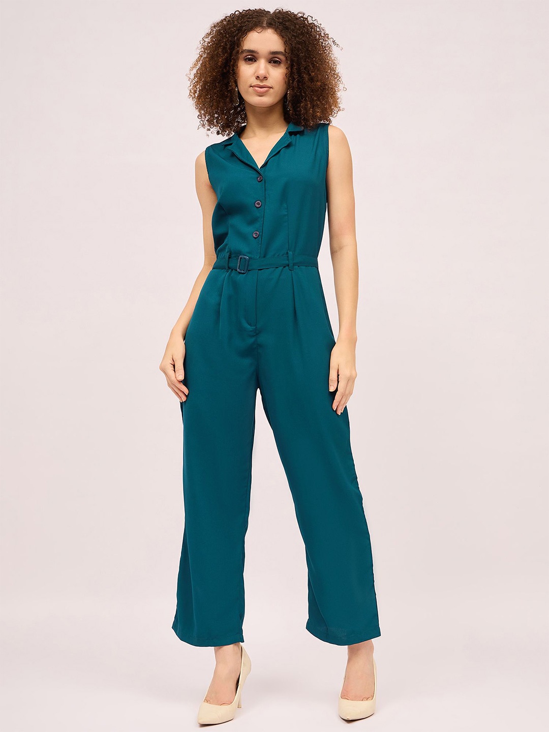 

Mayra Women Shirt Collar Belted Basic Jumpsuit, Teal