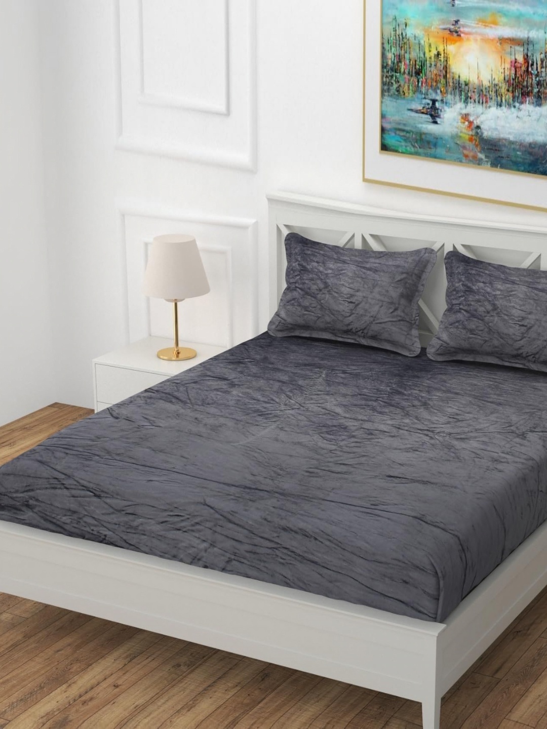 

YaAkholic Grey 210 TC King Velvet Fitted Bedsheet Set- - 1.9 M x 1.8 M