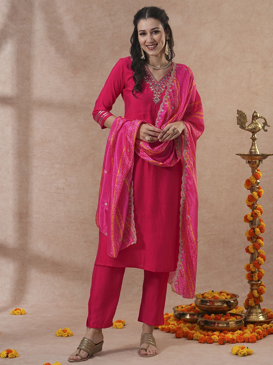 

FASHOR Pink Floral Embroidered V-Neck Sequinned Straight Kurta With Trousers & Dupatta