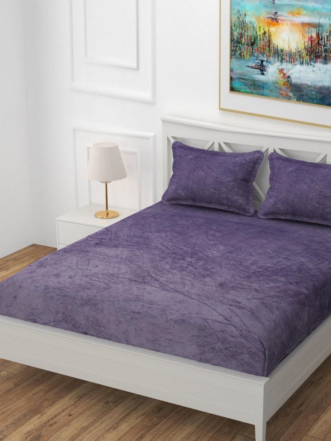 

YaAkholic Purple 210 TC King Velvet Fitted Bedsheet Set- 1.9 M x 1.8 M