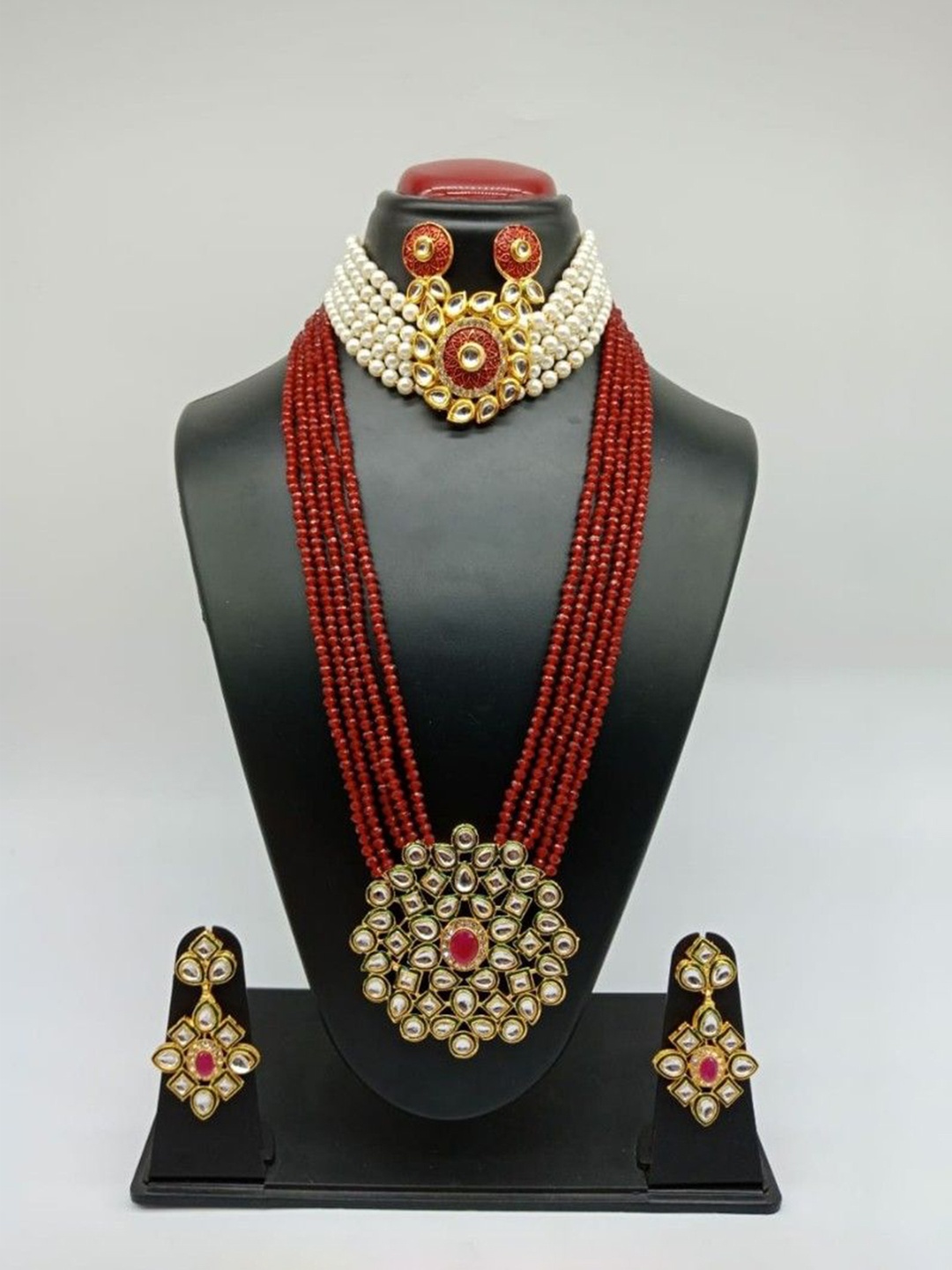 

Gyaan Jewels Gold-Plated Stone-Studded & Beaded Necklace & Earrings, Maroon