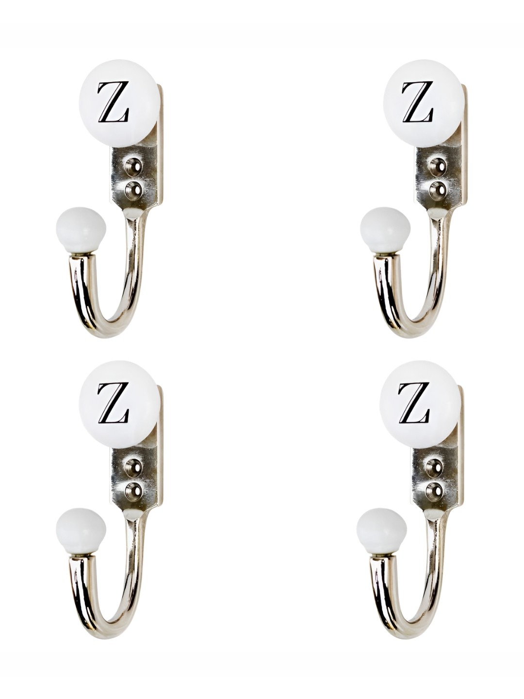 

IndianShelf White & Silver Toned 4 Pieces Z Letter Printed Ceramic & Zinc Wall Hooks