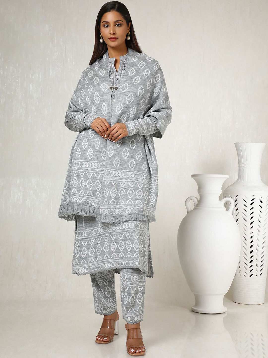 

Soch Woven Designed Regular Thread Work Kurta with Trousers & Dupatta, Grey