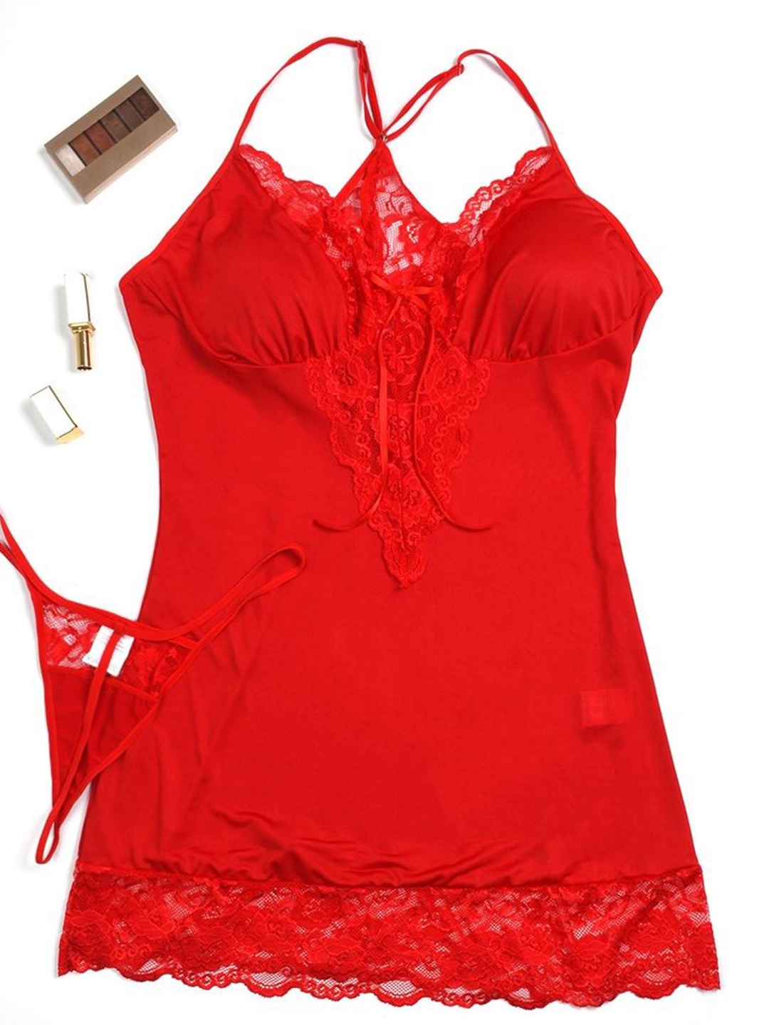 

LULU & SKY Women Shoulder Straps Above Knee Nightdress With Lace Details, Red