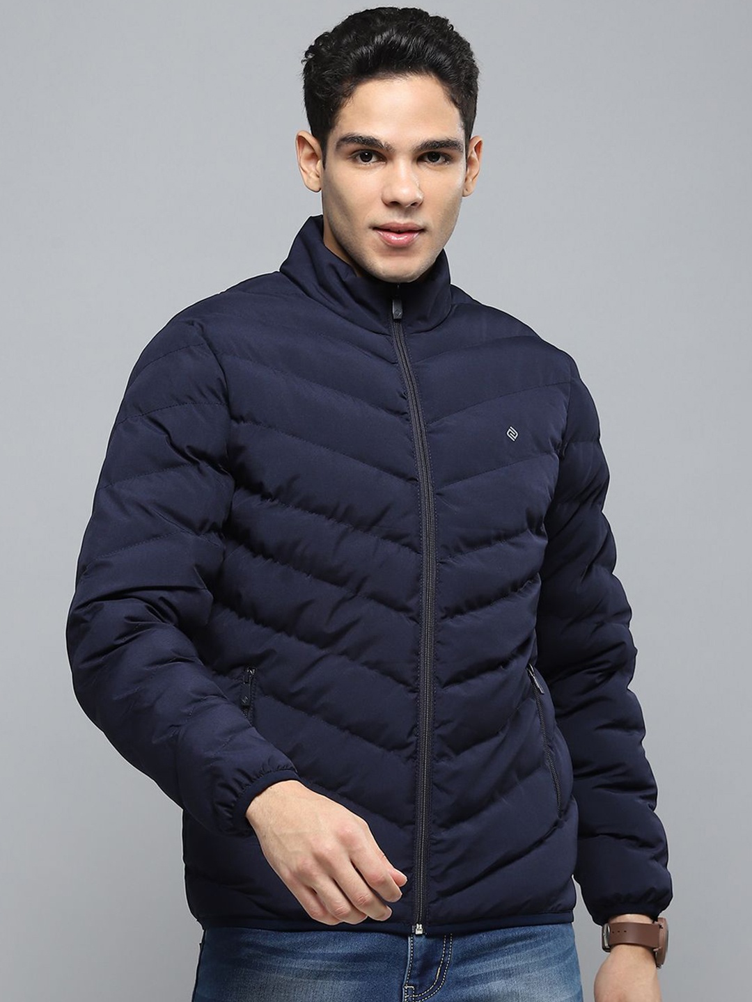 

Cloak & Decker Men Mock Collar Solid Casual Padded Jacket, Navy blue