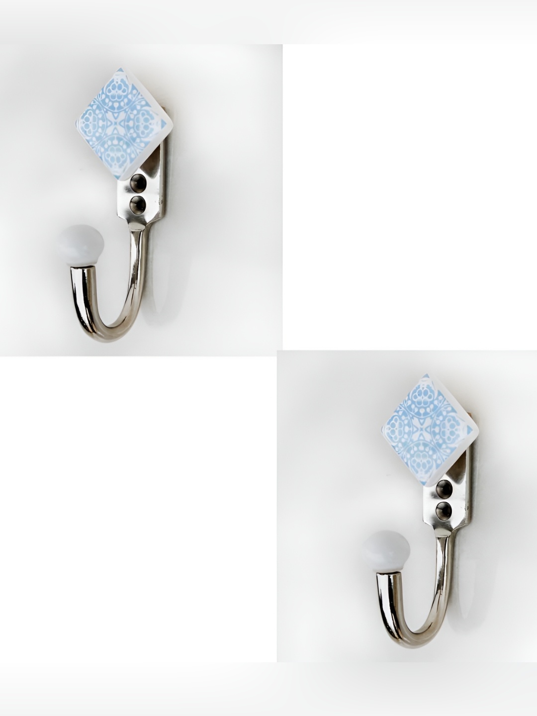 

IndianShelf Silver-Toned & White 2 Pieces Floral Printed Ceramic & Zinc Square Wall Hooks