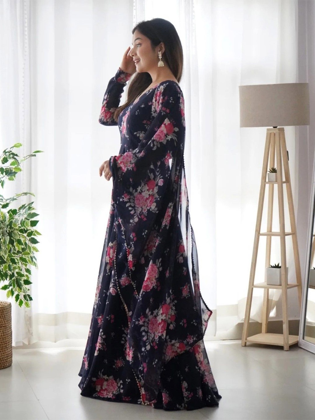 

Raiyani Enterprise Floral Printed Fit & Flare Maxi Ethnic Dress Comes with a Dupatta, Black