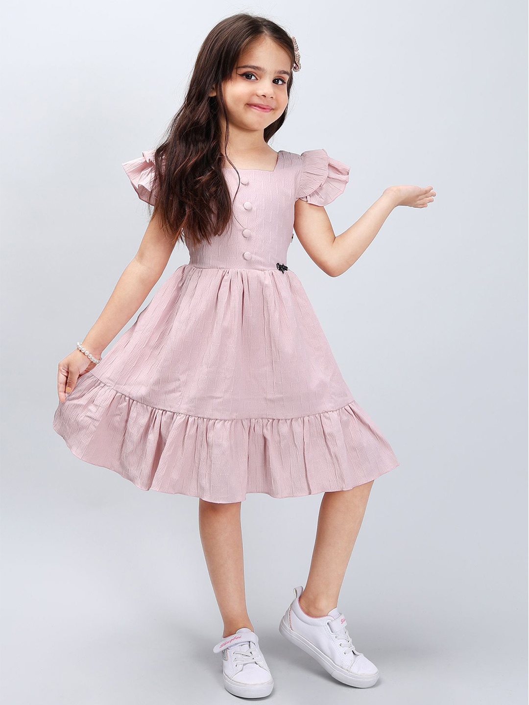 

PINK MERMAID Girls Cotton Flutter Sleeve Square Neck Fit and Flare Dress