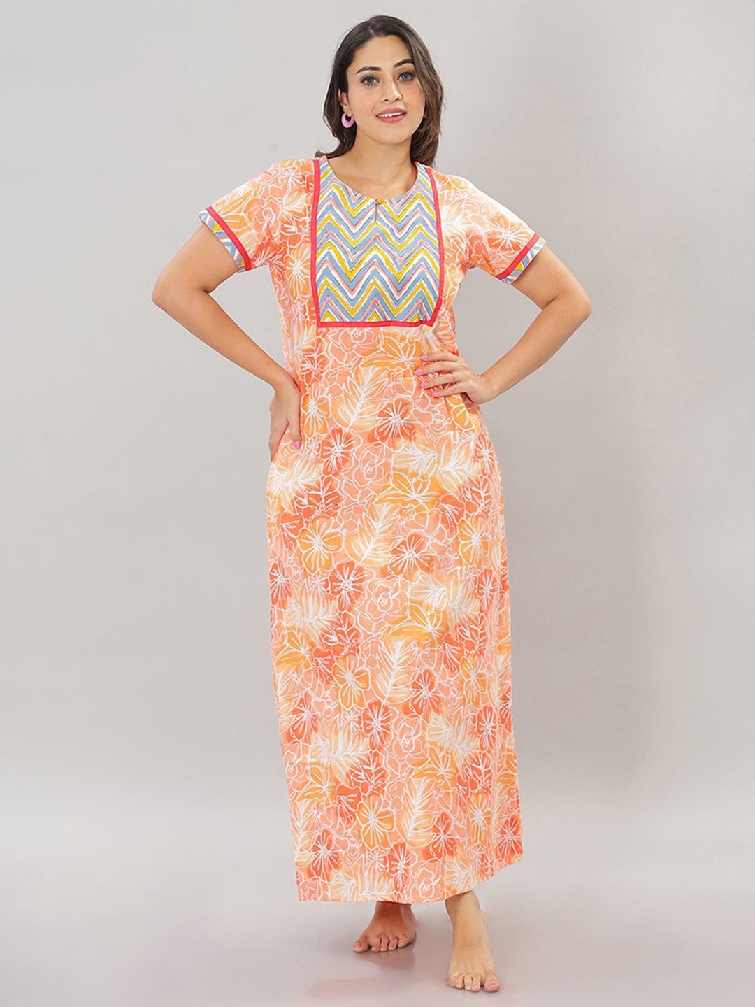 

NAIDU HALL Women Pure Cotton Printed Maxi Nightdress, Orange