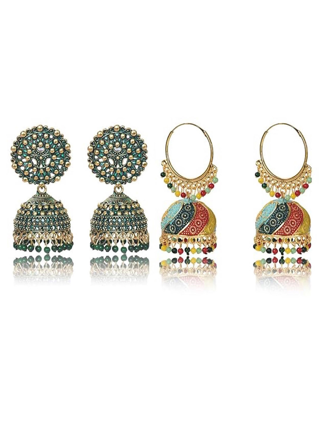 

Nilu's Collection Set of 2 Brass-Plated Beaded Dome Shaped Jhumkas, Gold
