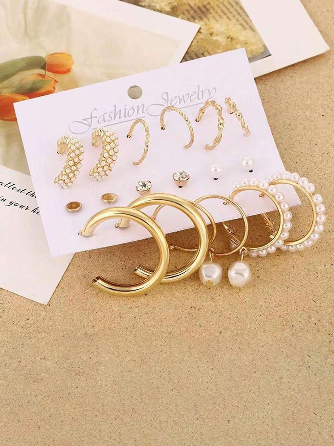 

PolluxCraft Set Of 9 Stone Studded & Beaded Circular Studs & Hoop Earrings, Gold