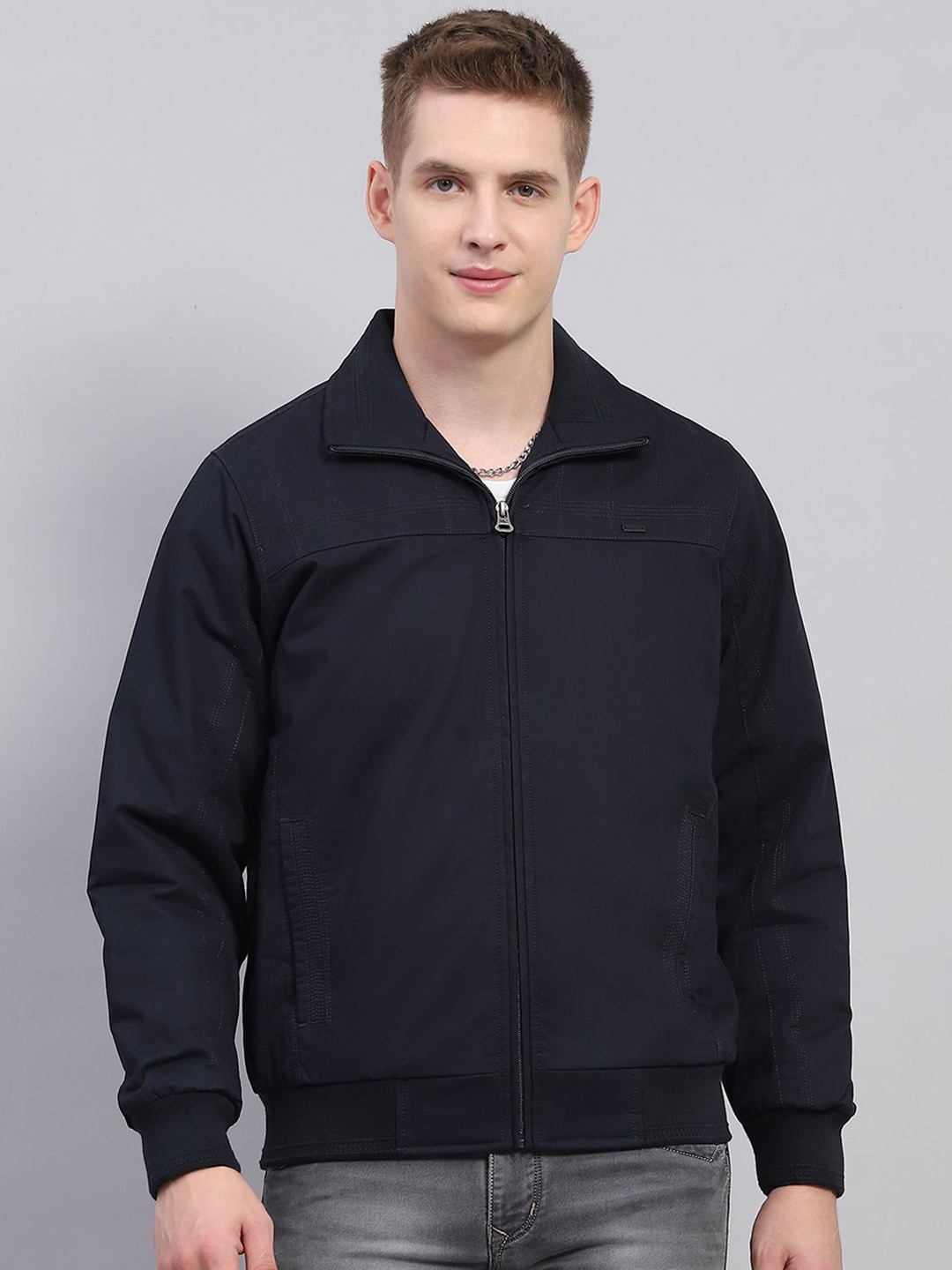

Monte Carlo Men Spread Collar Solid Cotton Casual Sporty Jacket, Navy blue