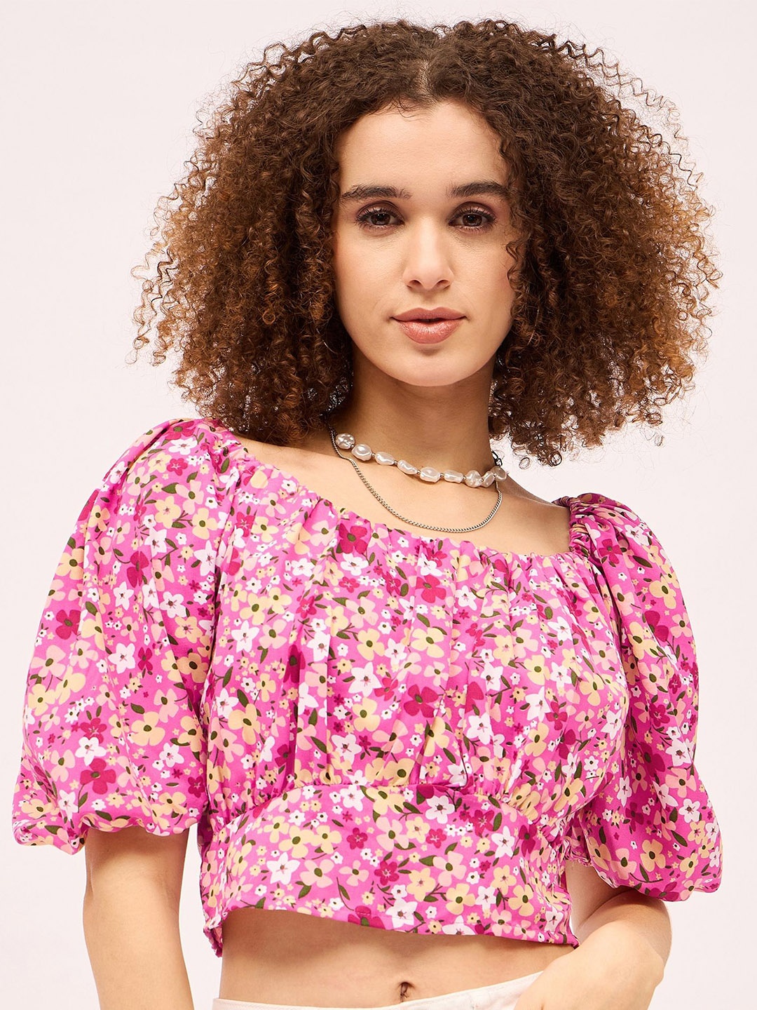 

Mayra Women Cotton Floral Printed Blouson Crop Top, Pink