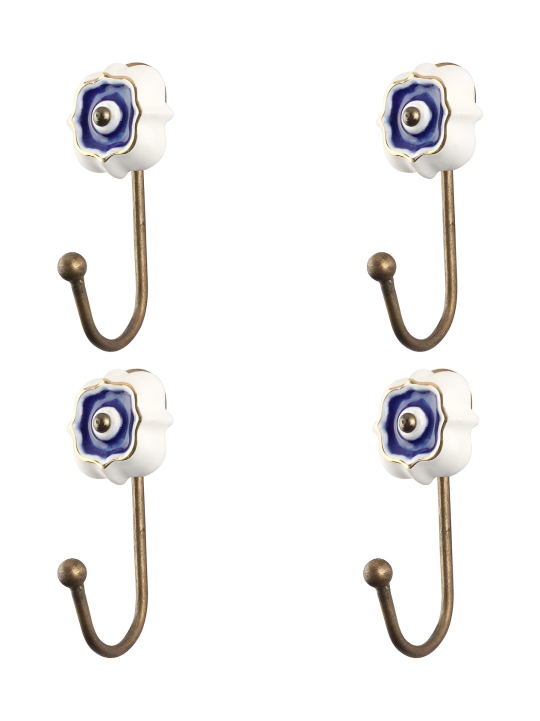

IndianShelf Blue 4 Piece Ceramic Floral Door Hangers for Clothes Key Holders