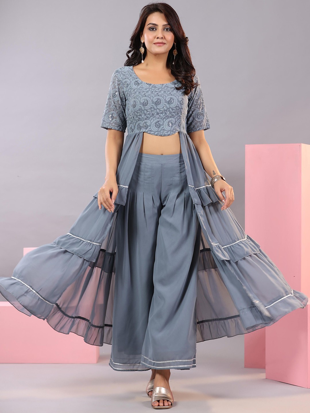 

Juniper Embroidered Thread Work Kurta with Palazzos, Grey