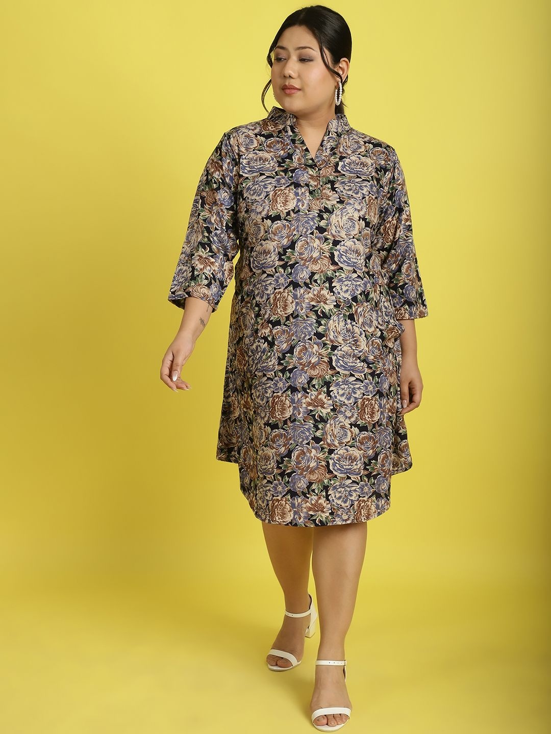 

theRebelinme Women Plus Size Floral Print Shirt Midi Dress, Navy blue