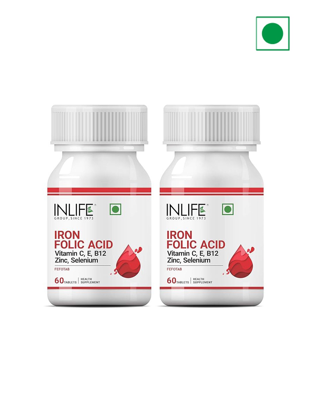 

INLIFE Set Of 2 Chelated Iron Folic Acid With Vitamin C, E, B12- 60 Tablets Each, White