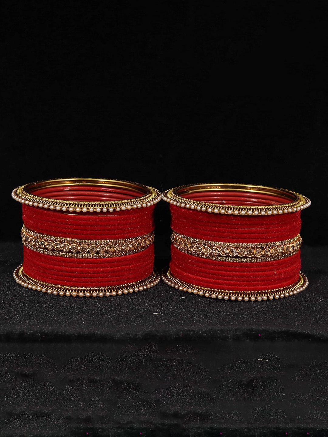

ZULKA Set of 28 Alloy Base Velvet Finish Artificial Stone Studded Bridal Bangle, Red