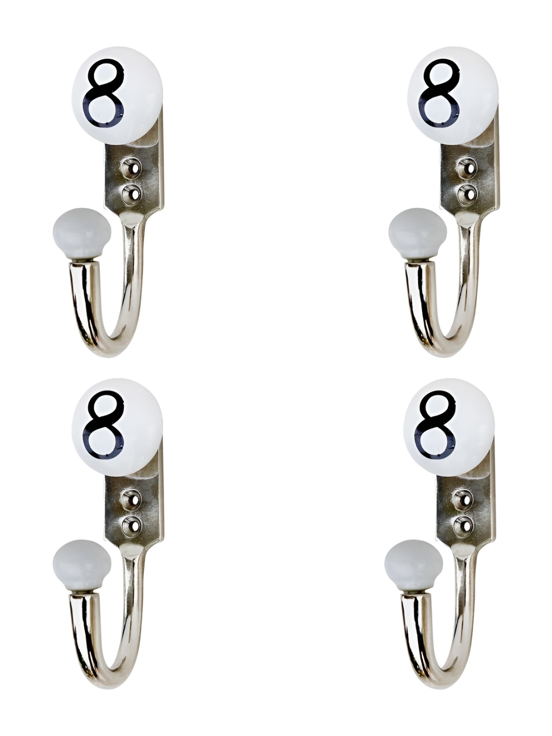 

IndianShelf Silver-Toned & White 4 Pieces Number 8 Printed Ceramic & Zinc Wall Hooks