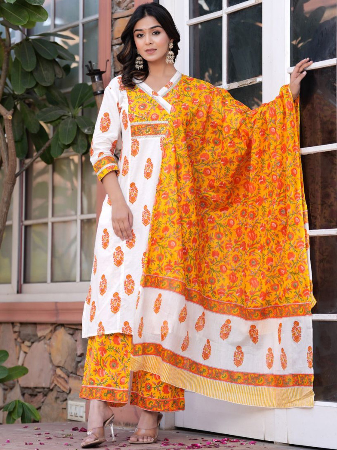 

KALINI Floral Printed Gotta Patti Pure Cotton A-Line Kurta with Palazzos & Dupatta, White