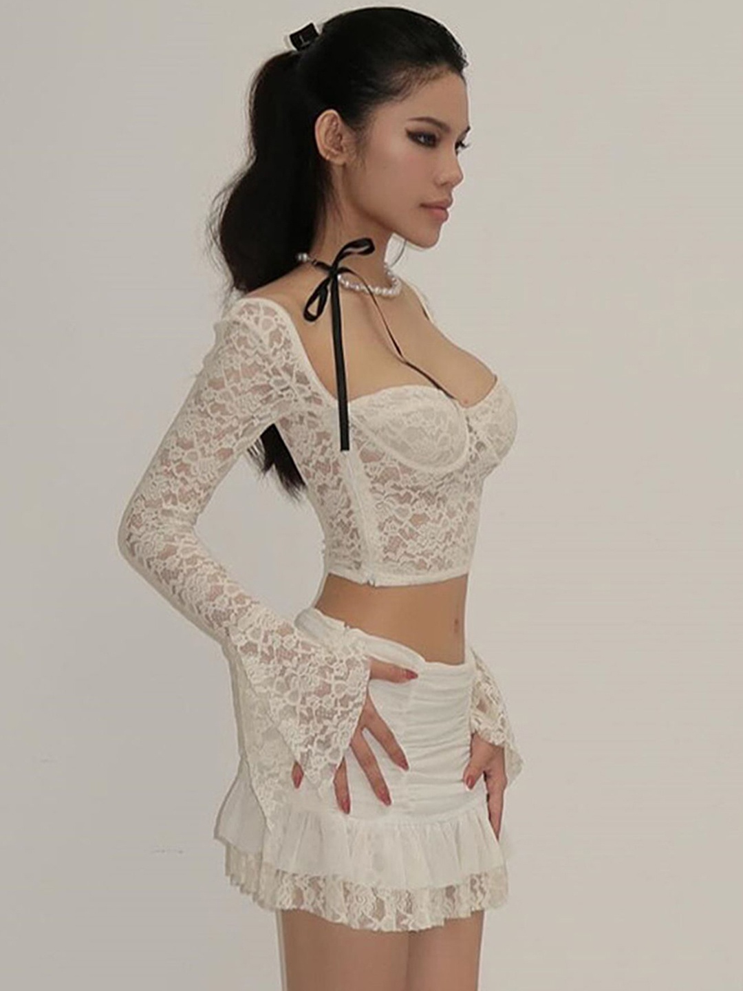

LULU & SKY Square Neck Lace Top With Skirt, Off white