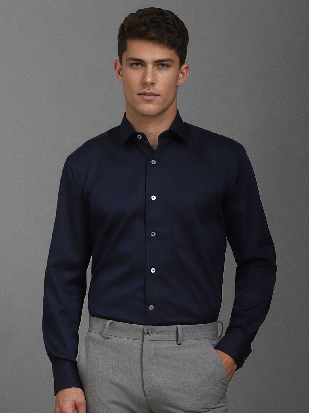 

Luxure by Louis Philippe Men Classic Spread Collar Textured Cotton Formal Shirt, Navy blue