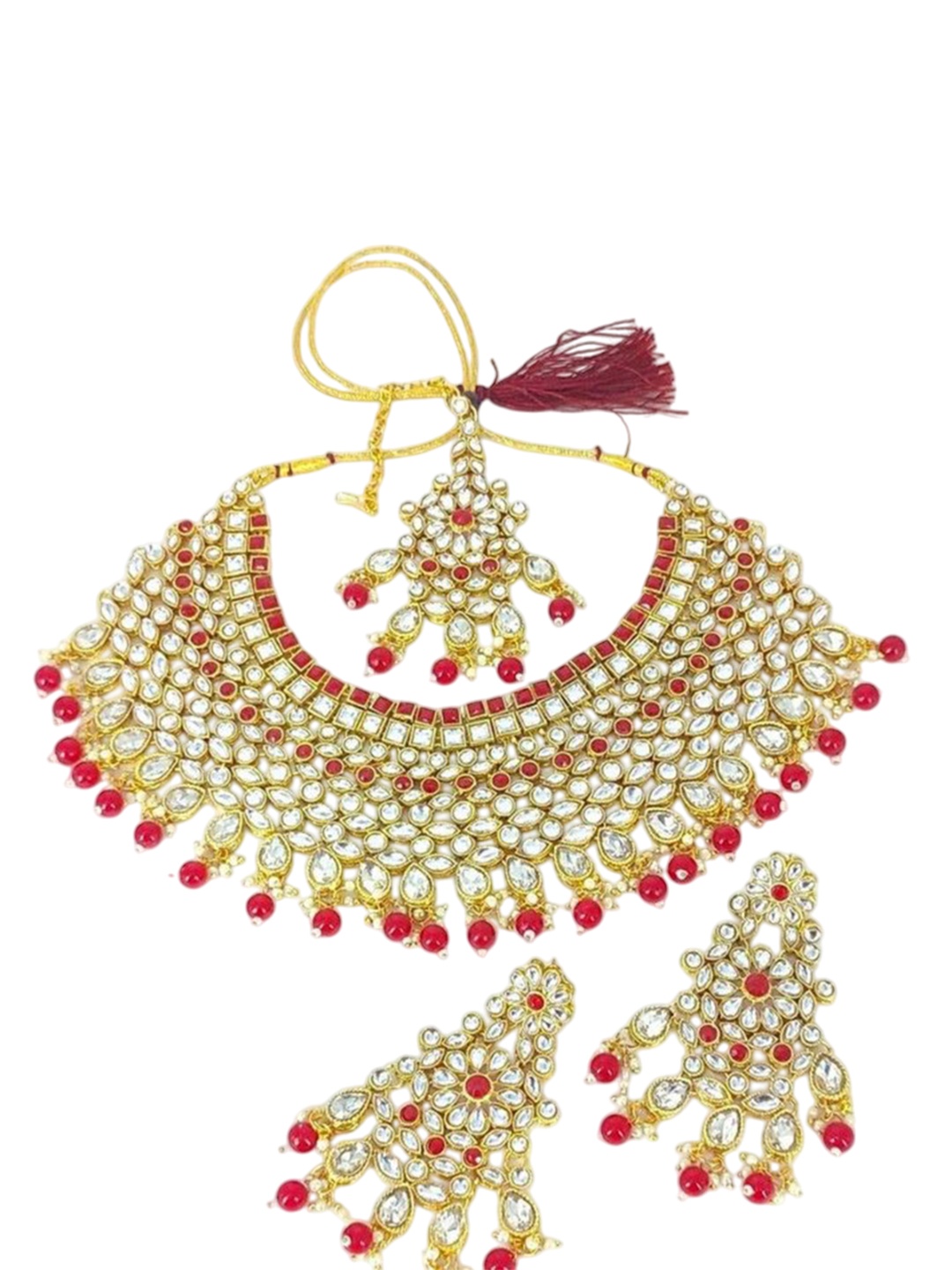 

Gyaan Jewels Gold-Plated Stone Studded & Beaded Necklace & Earrings With Maang Tika