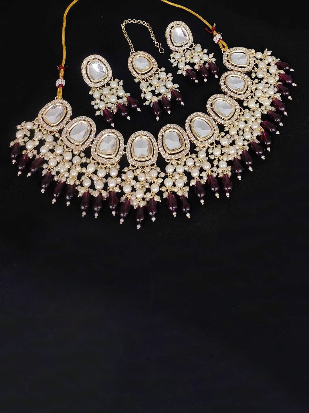 

Gyaan Jewels Set Of 2 Gold-Plated Stone-Studded & Beaded Jewellery Set, Maroon