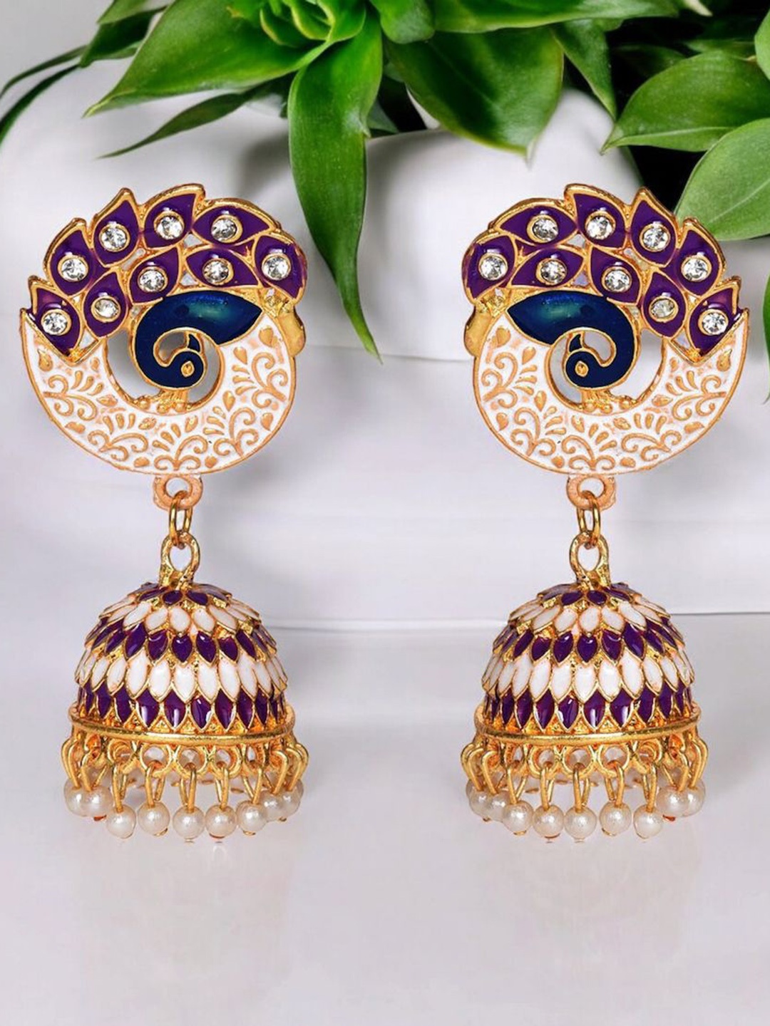 

Nilu's Collection Set of 2 Beaded Dome Shaped Meenakari Jhumkas, Gold