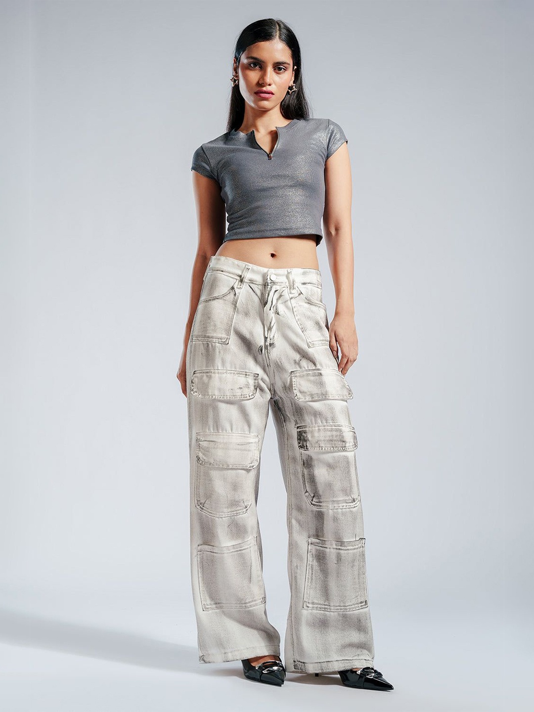 

FREAKINS Women Straight Fit High-Rise Cargo Jeans, White