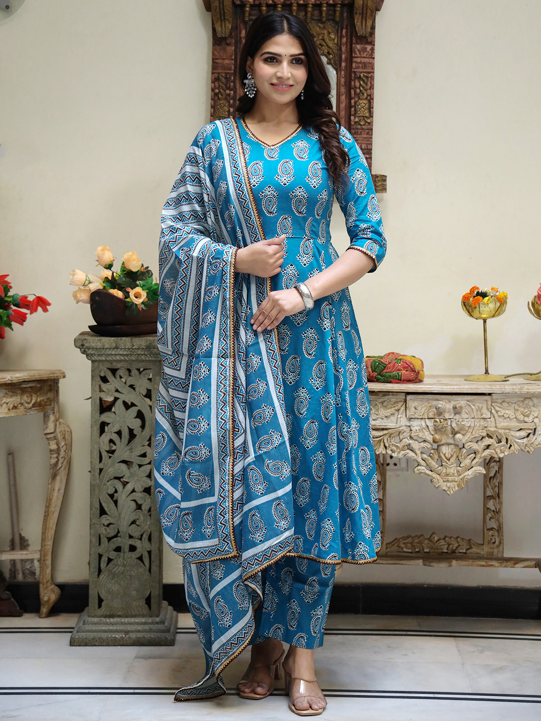 

ELVISH JAIPUR Printed Panelled Pure Cotton Anarkali Kurta with Palazzos & Dupatta, Turquoise blue