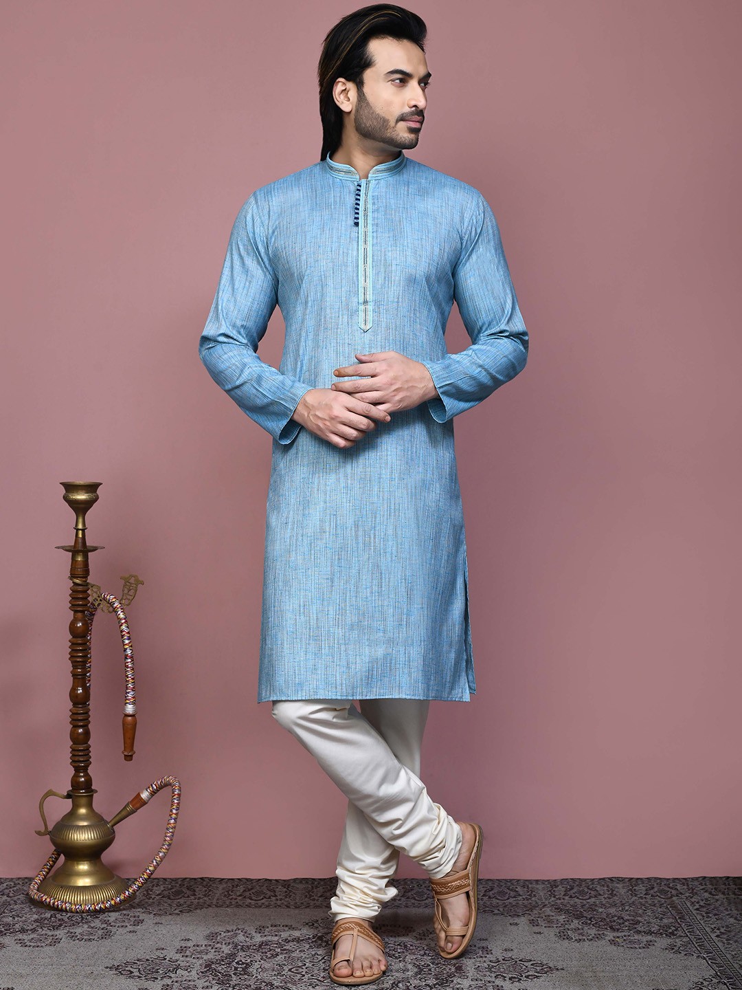 

RANAK Mandarin Collar Long Sleeves Regular Straight Kurta, Blue