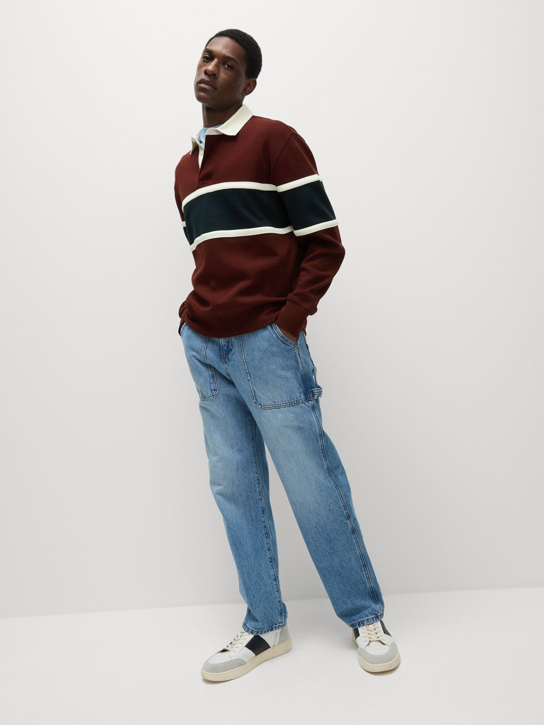 

Marks & Spencer Men Cotton Colourblocked Shirt Collar Striped Pullover Sweatshirt, Red
