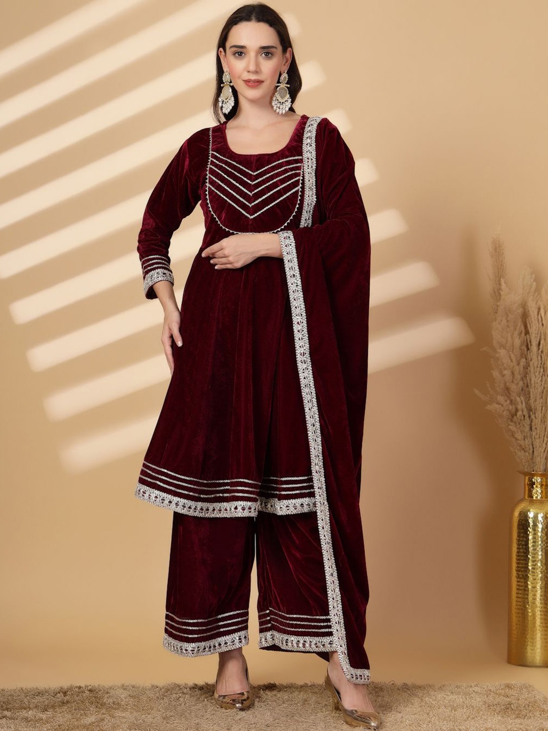 

Clora Creation Yoke Design Gotta Patti Velvet Anarkali Kurta with Palazzo & Dupatta, Magenta