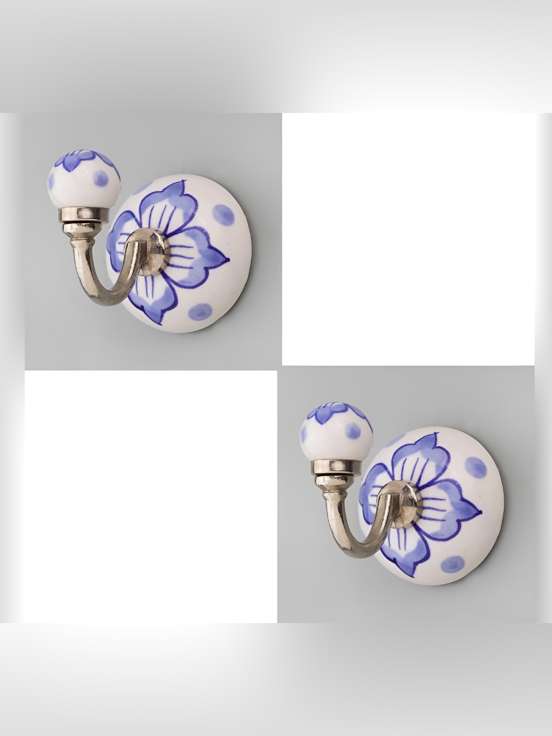 

IndianShelf White & Blue 2 Pieces Ceramic Floral Wall Hangers Hooks