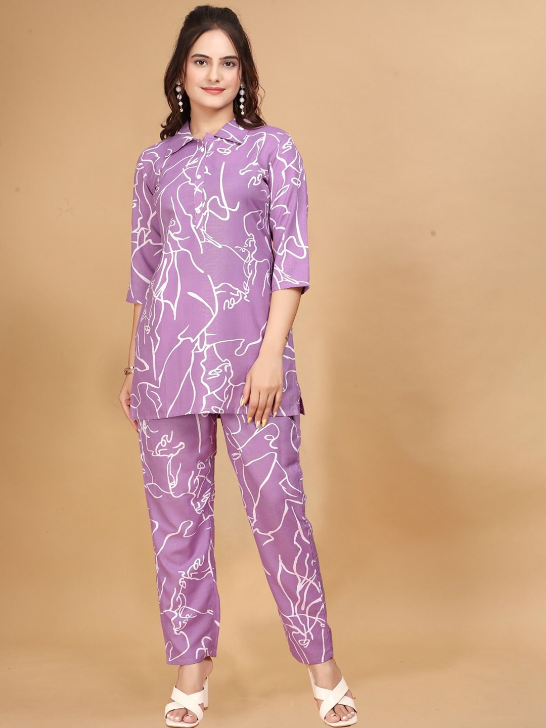 

Anouk Purple and White Shirt Collar Printed Tunic With Trouser