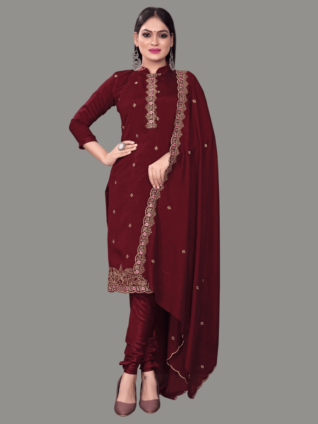 

Aika Floral Embroidered Sequinned Pure Silk Unstitched Dress Material, Maroon