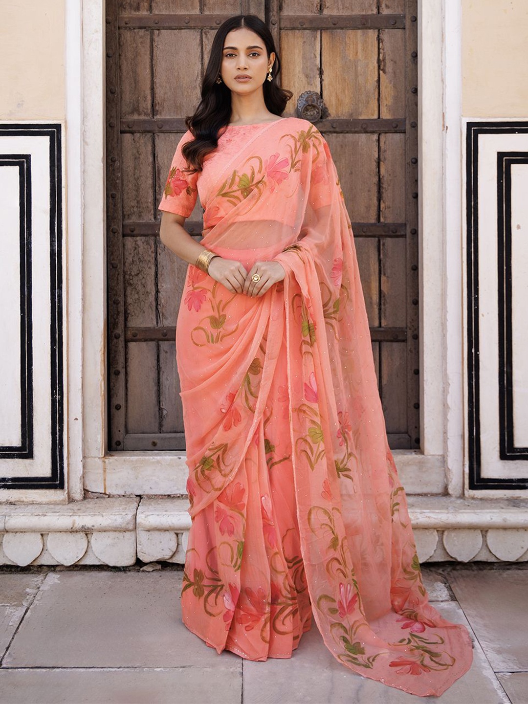 

Geroo Luxe Floral Mukaish Pure Chiffon Ready to Wear Saree, Peach