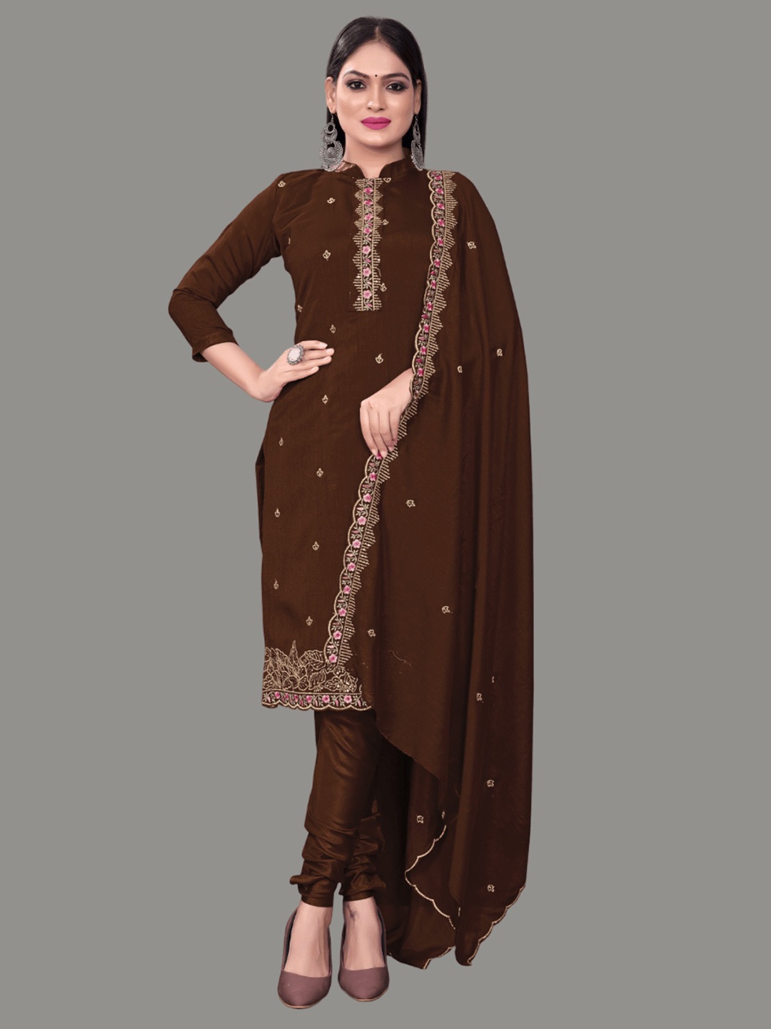 

Aika Floral Embroidered Pure Silk Unstitched Dress Material, Brown