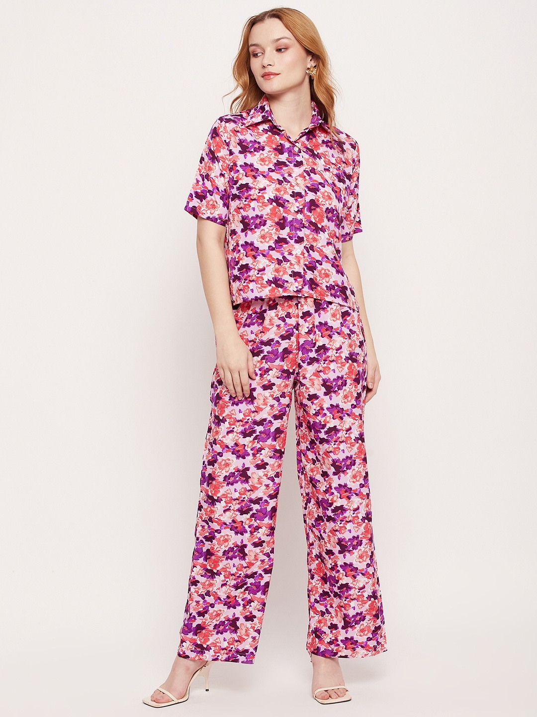 

DressBerry Purple Printed Shirt Collar Short Sleeves Shirt & Trouser