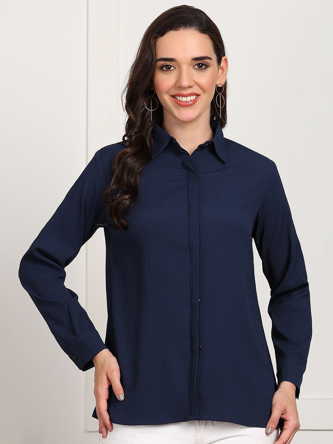 

DressBerry Women Spread Collar Solid Relaxed Fit Casual Shirt, Navy blue