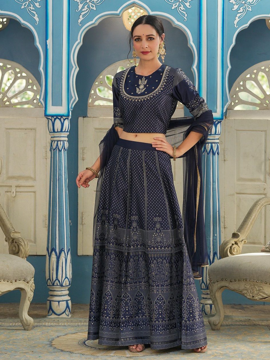 

Juniper Printed Ready to Wear Lehenga & Blouse With Dupatta, Navy blue