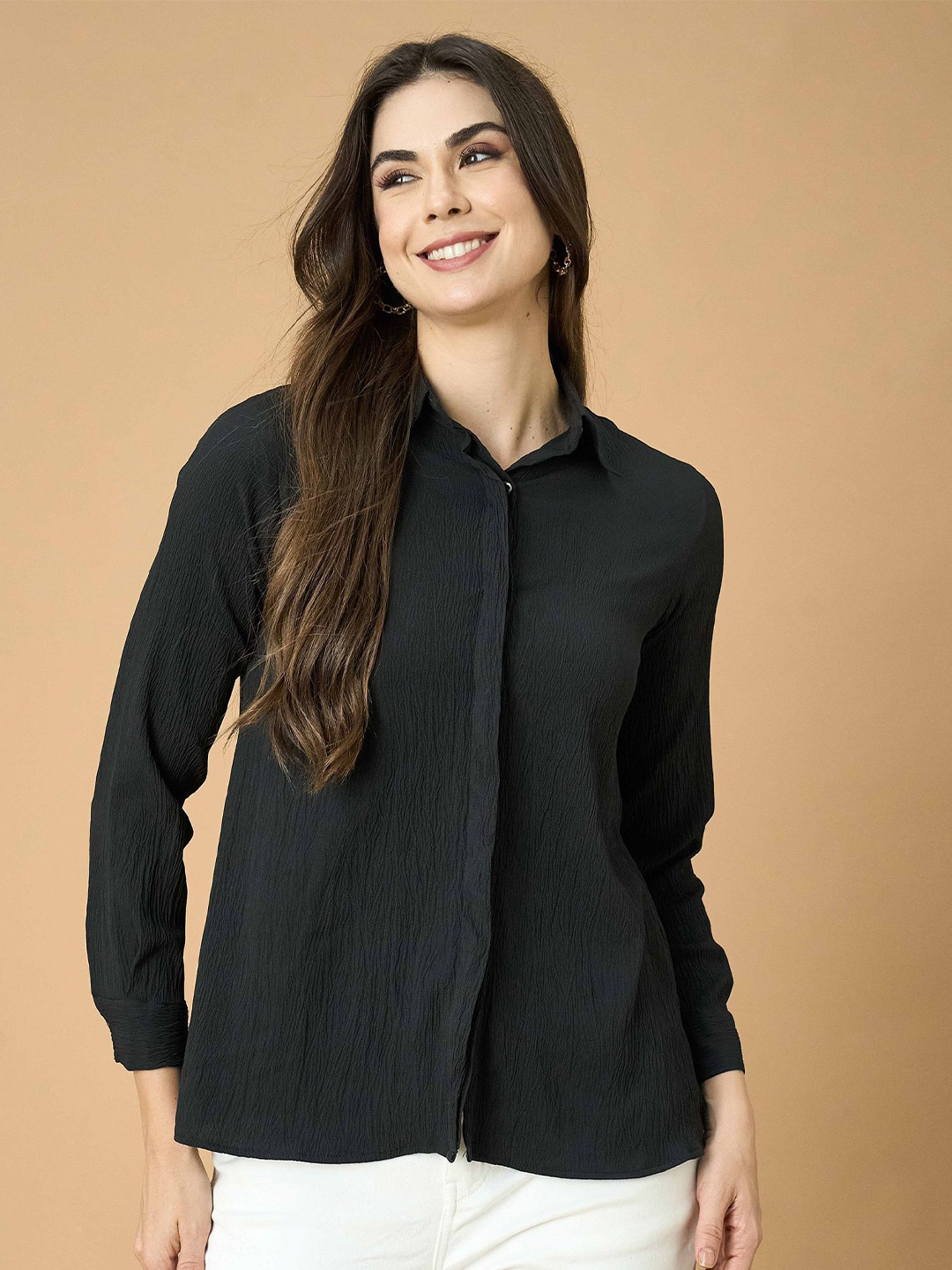 

DressBerry Women Spread Collar Textured Casual Shirt, Black