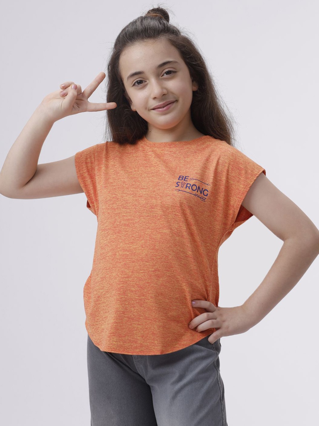 

UNDER FOURTEEN ONLY Girls Solid Round Neck T-shirt, Orange
