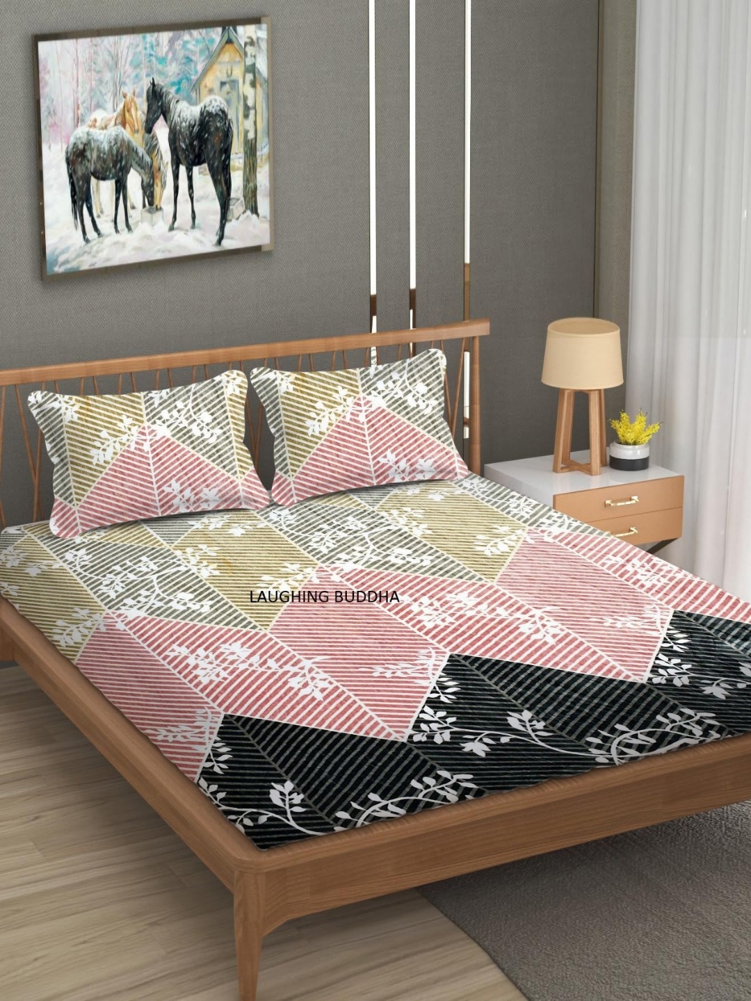 

YaAkholic Pink & Green Floral 210 TC King Velvet Fitted Bedsheet Set- 1.9 M x 1.8 M