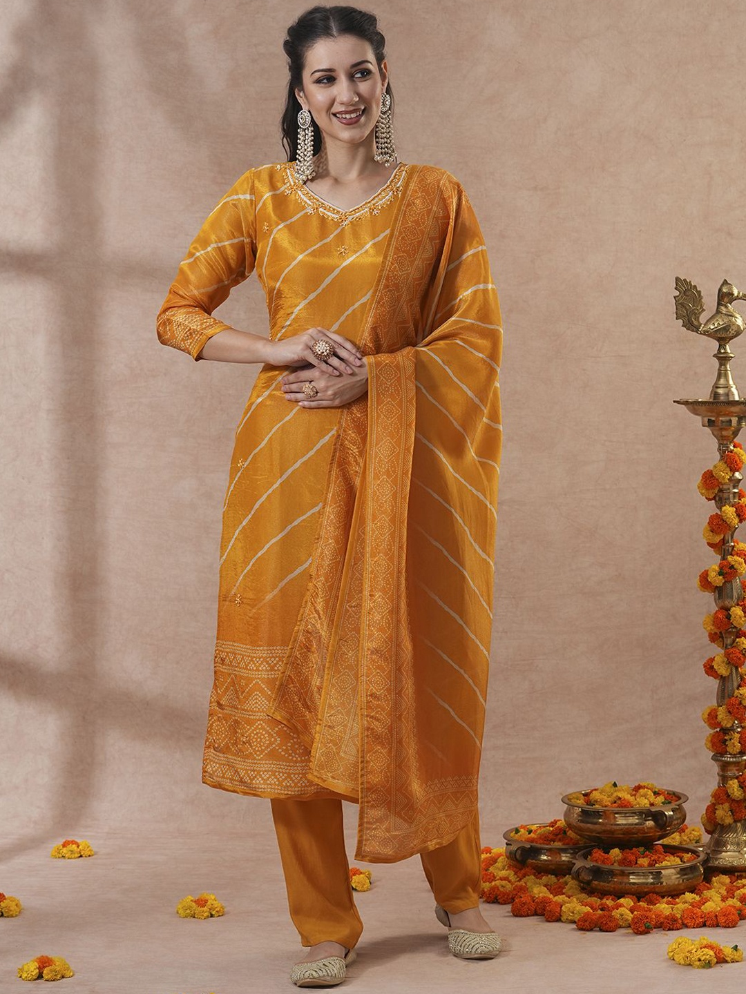 

FASHOR Yellow Leheriya Printed Round Neck Tissue Straight Kurta With Trousers & Dupatta