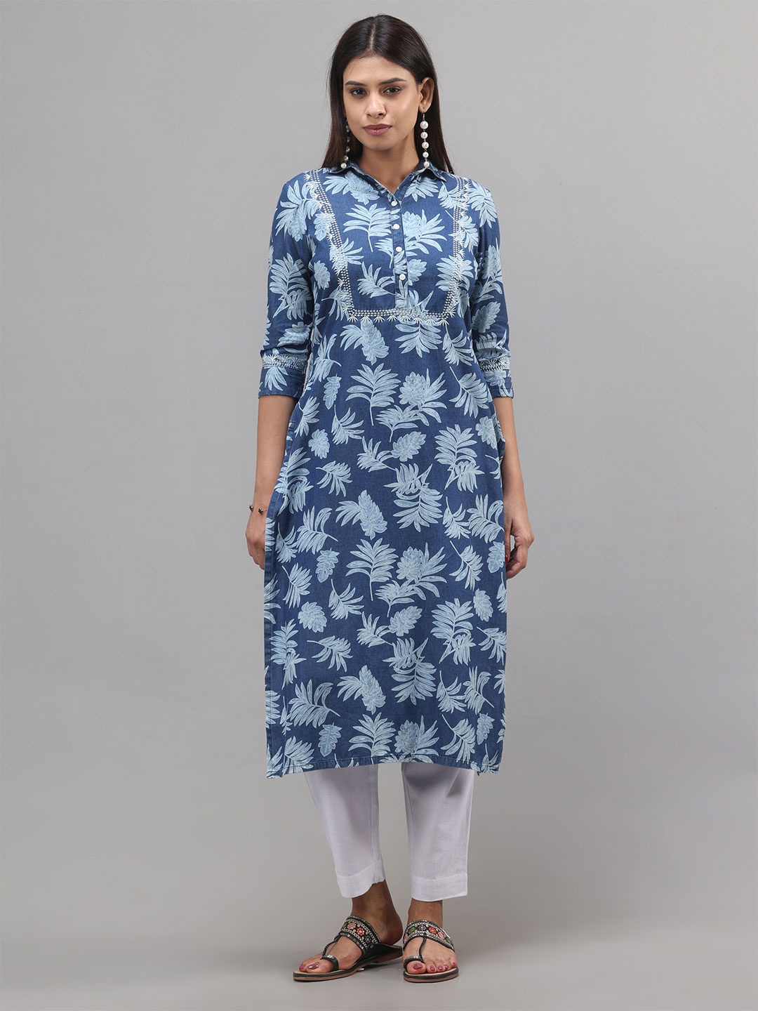 

Vismay Women Floral Printed With Embroidered Details Straight Kurta, Blue